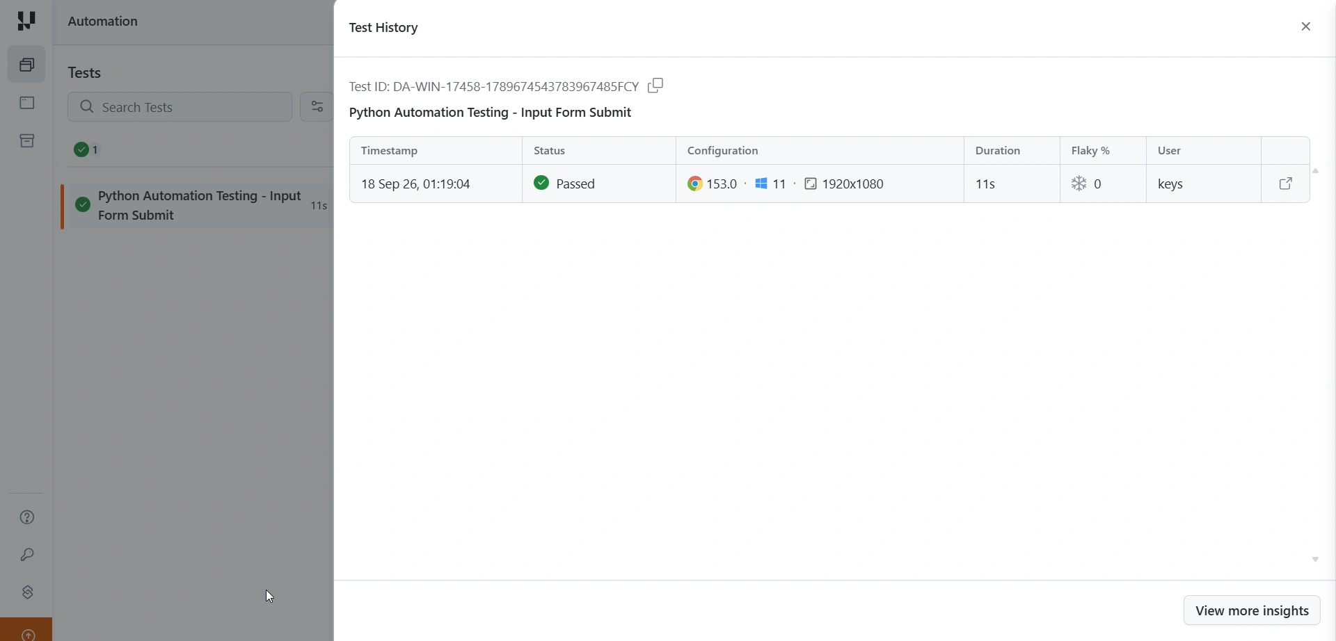 Test History panel listing previous runs of a test with timestamp, status, configuration, duration, and flaky percentage