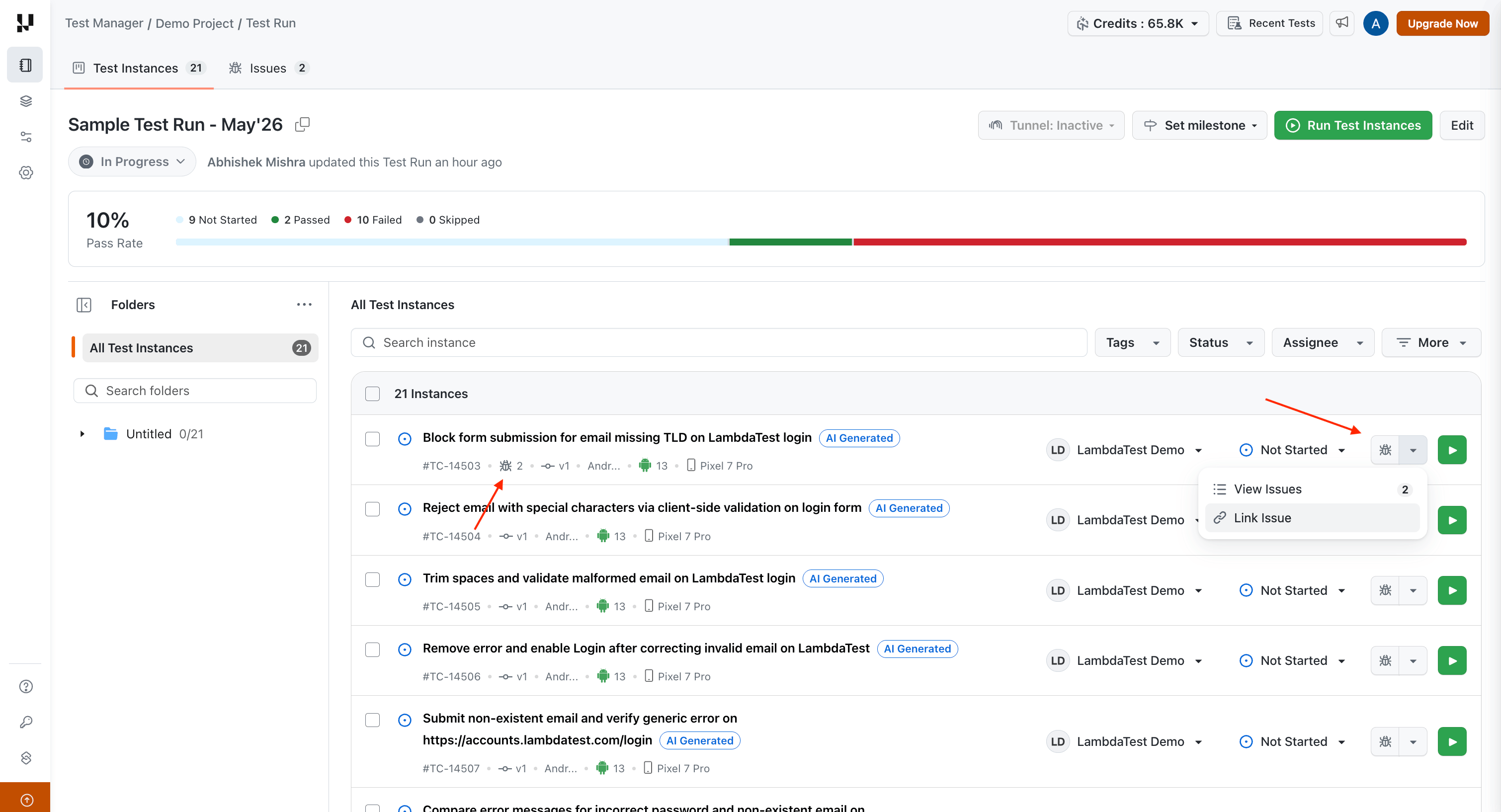 Bug menu on a test instance row with Link Issue and View Issues options