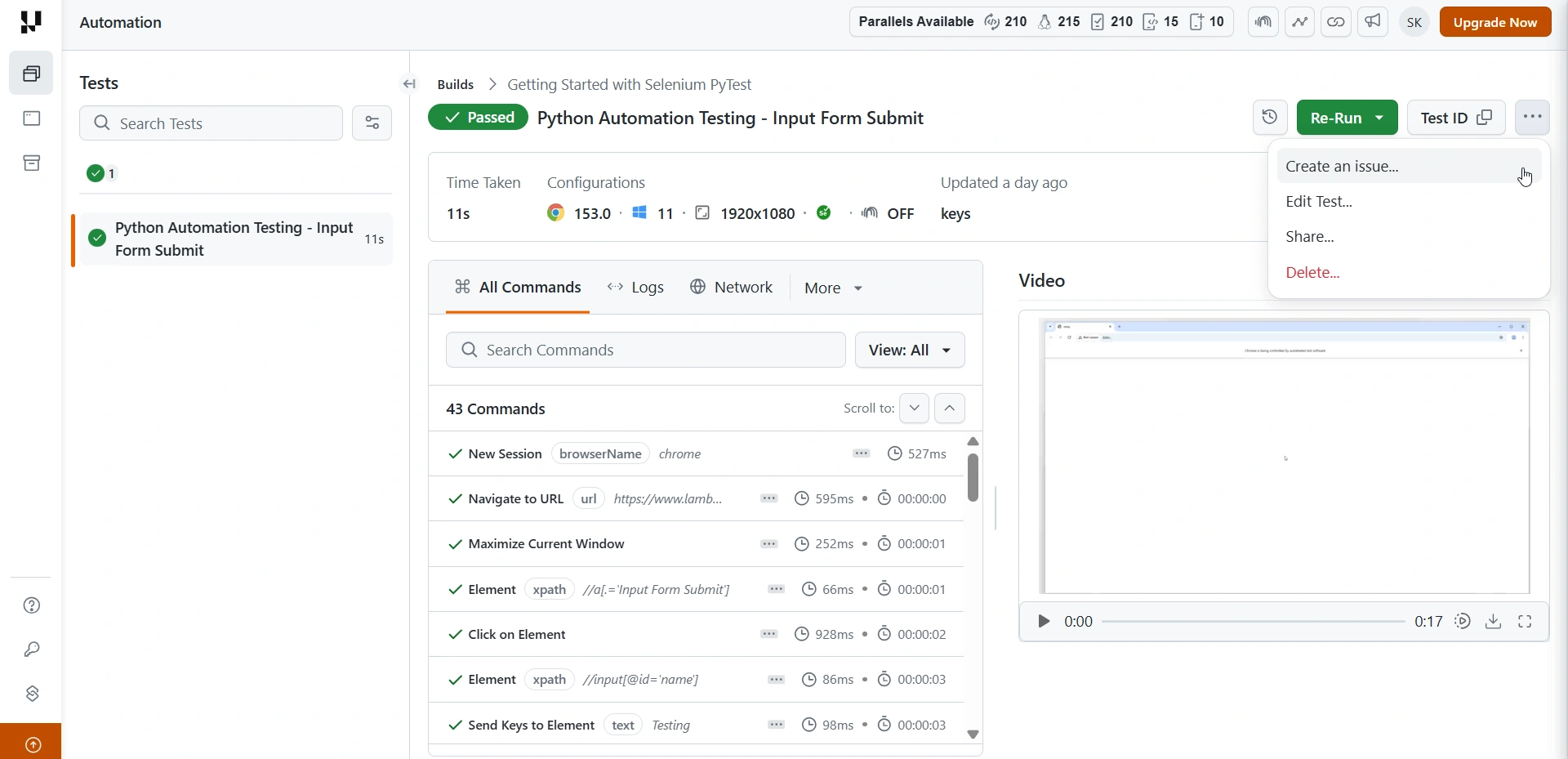 Test detail options menu showing Create an issue, Edit Test, Share, and Delete