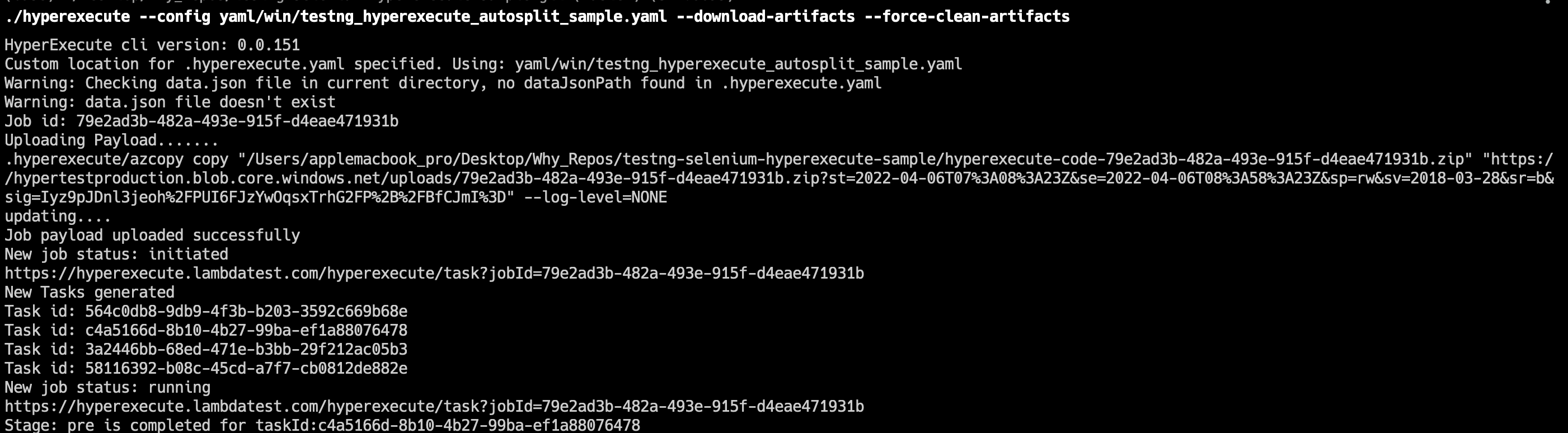 TestNG HyperExecute Terminal Logs