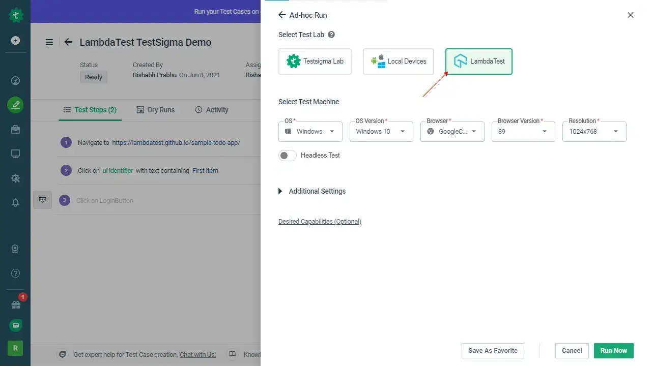 Test Lab in Testsigma App