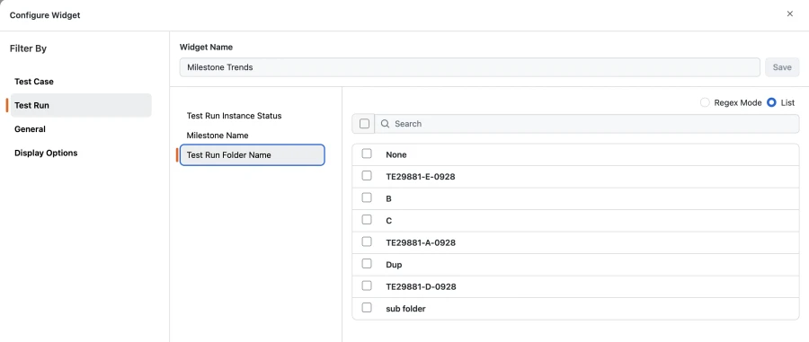 Test Run Folder Name filter in the Configure Widget drawer