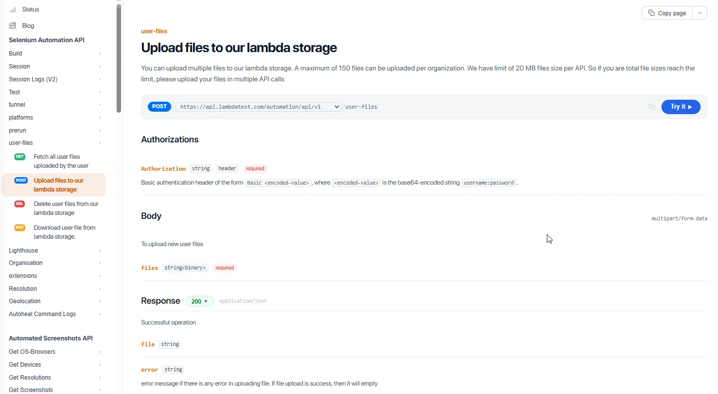 TestMu AI API reference for the POST user-files endpoint, showing authorization, body, and 200 response for uploading files to lambda storage
