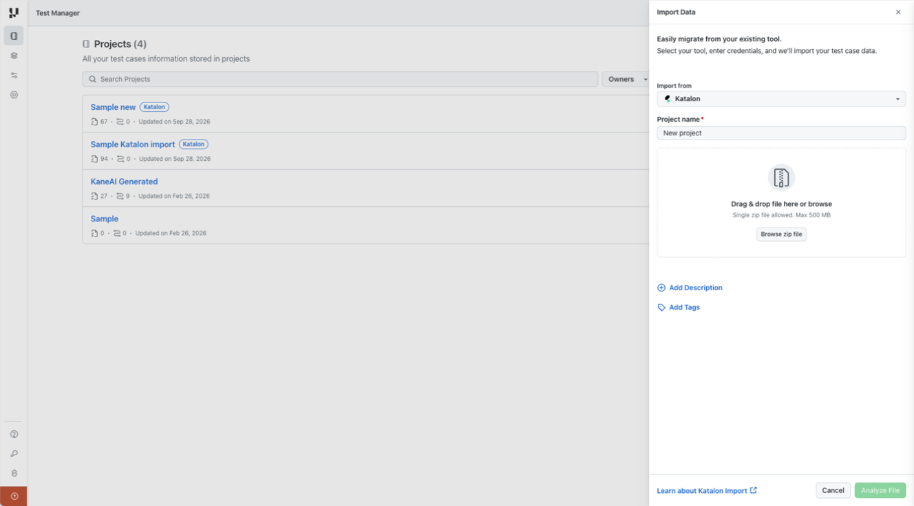 Import Data drawer with Katalon selected and a ZIP upload area