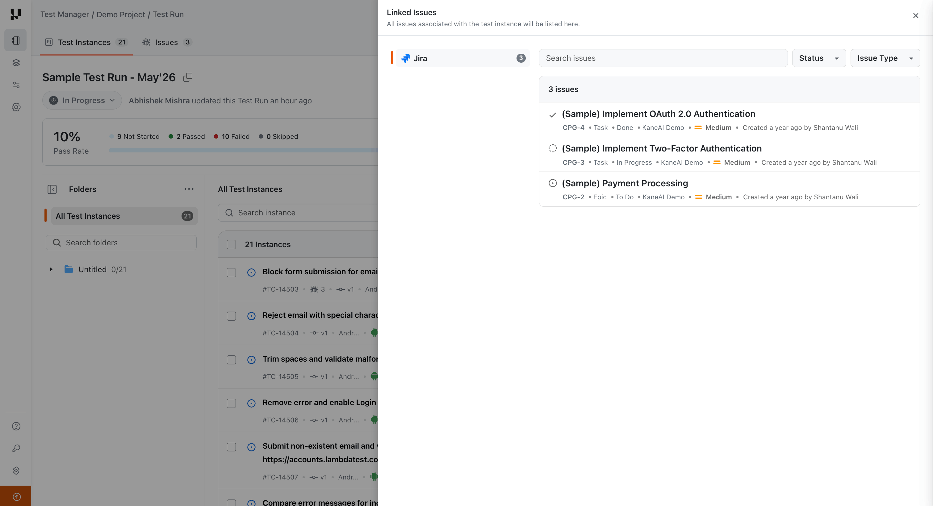 View Issues panel listing the bugs associated with a test instance