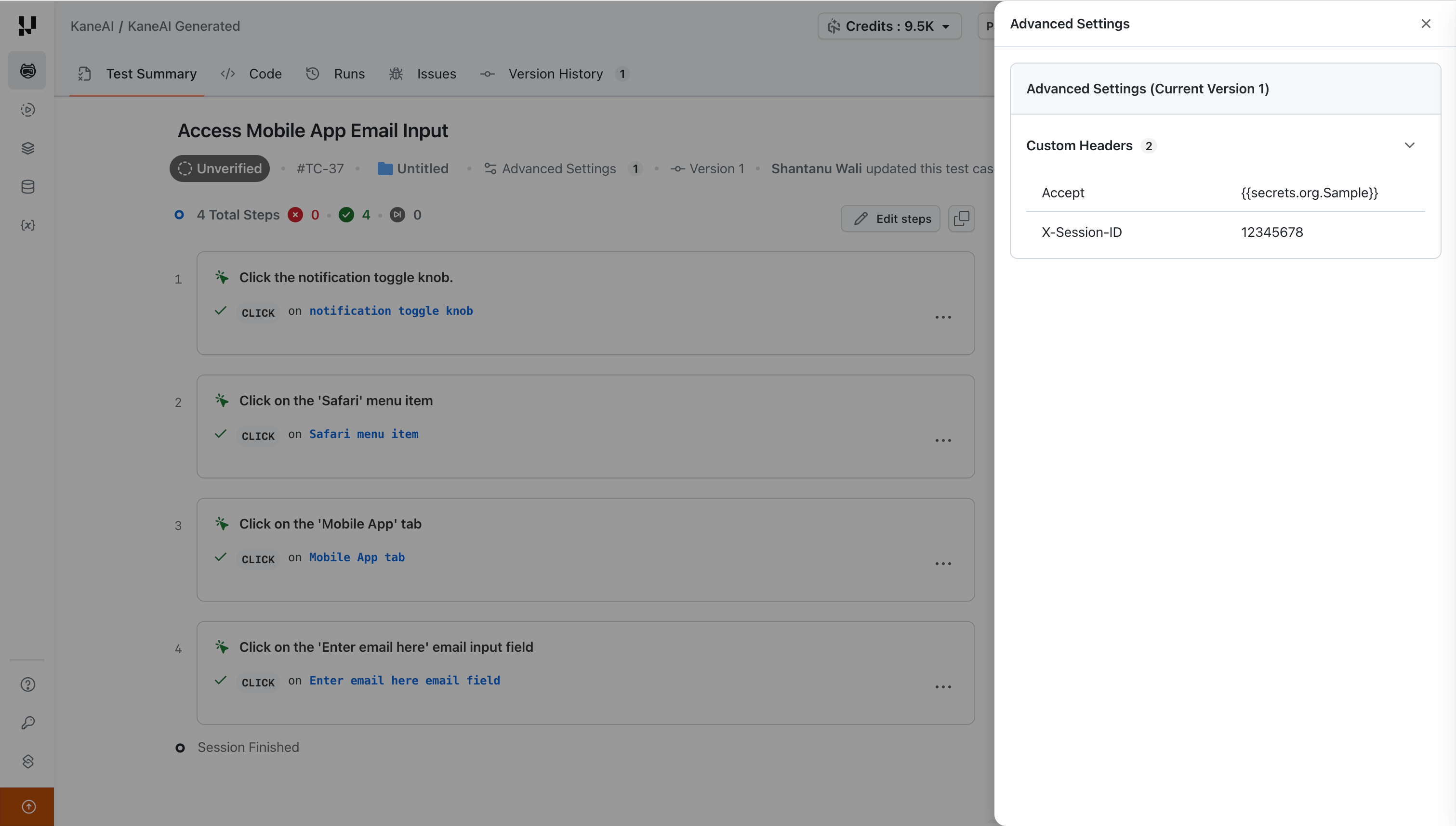 Custom headers on test summary page