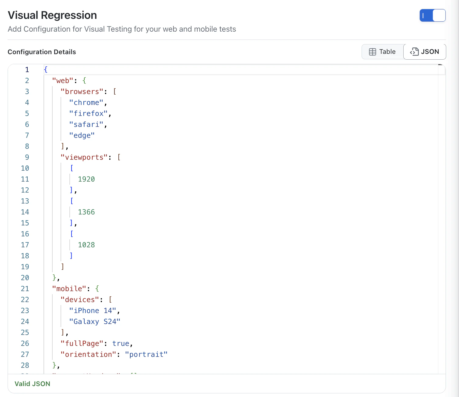Visual Regression settings in the JSON view