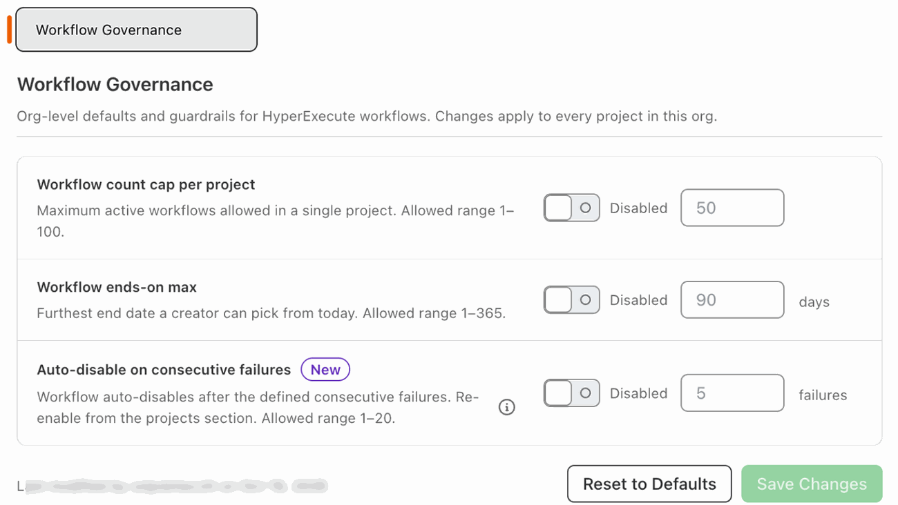 Workflow Governance panel with all three guardrails toggled Disabled