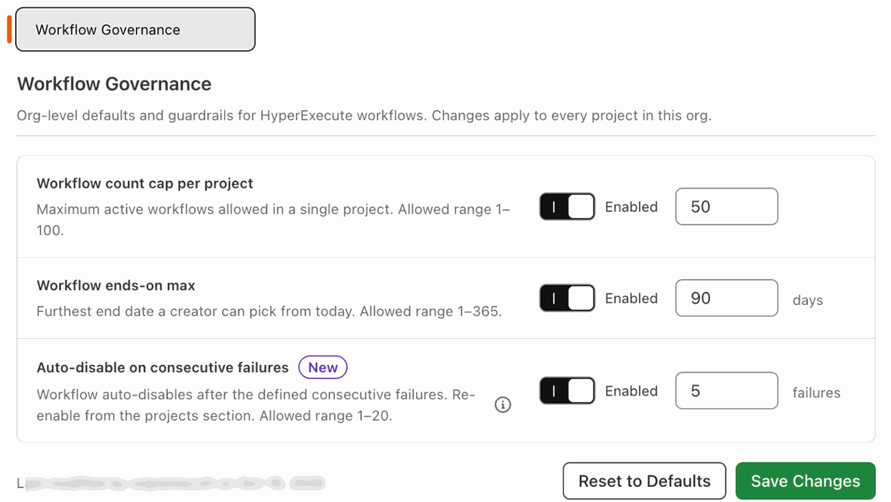 Workflow Governance settings page under Org Product Preferences, listing Workflow count cap per project, Workflow ends-on max, and Auto-disable on consecutive failures with their default values 50, 90 days, and 5 failures